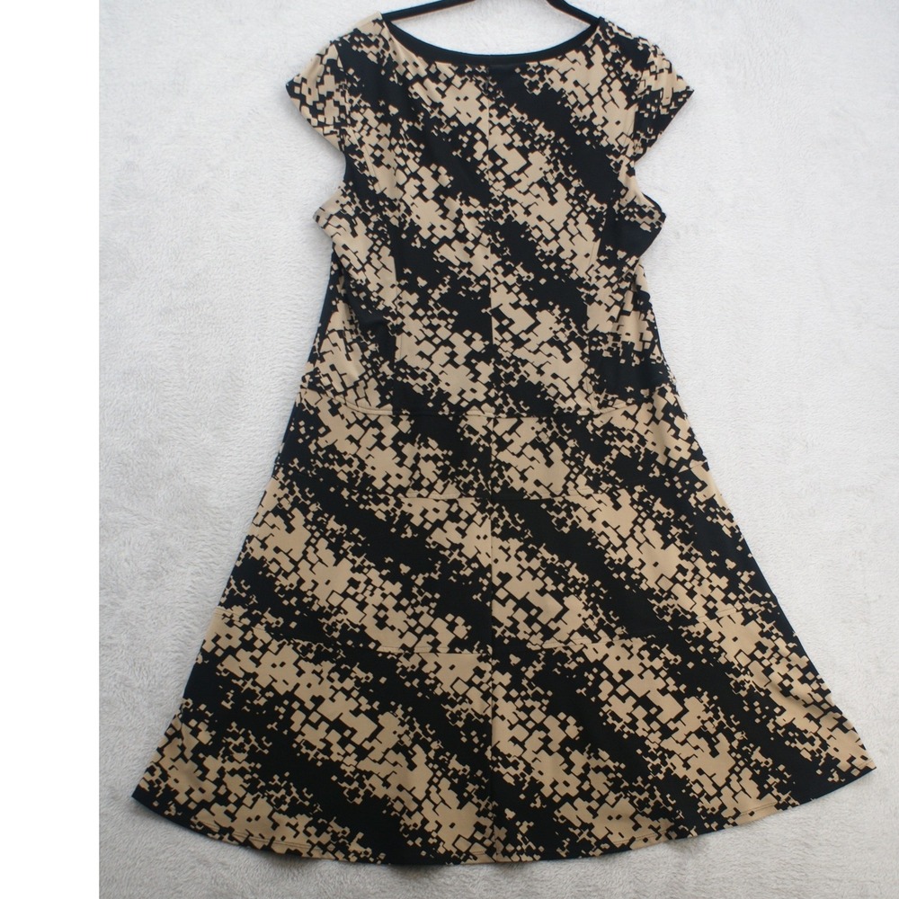 Anne Klein Dress Womens 16 Black Tan Abstract Print Fit Flare Career Stretch